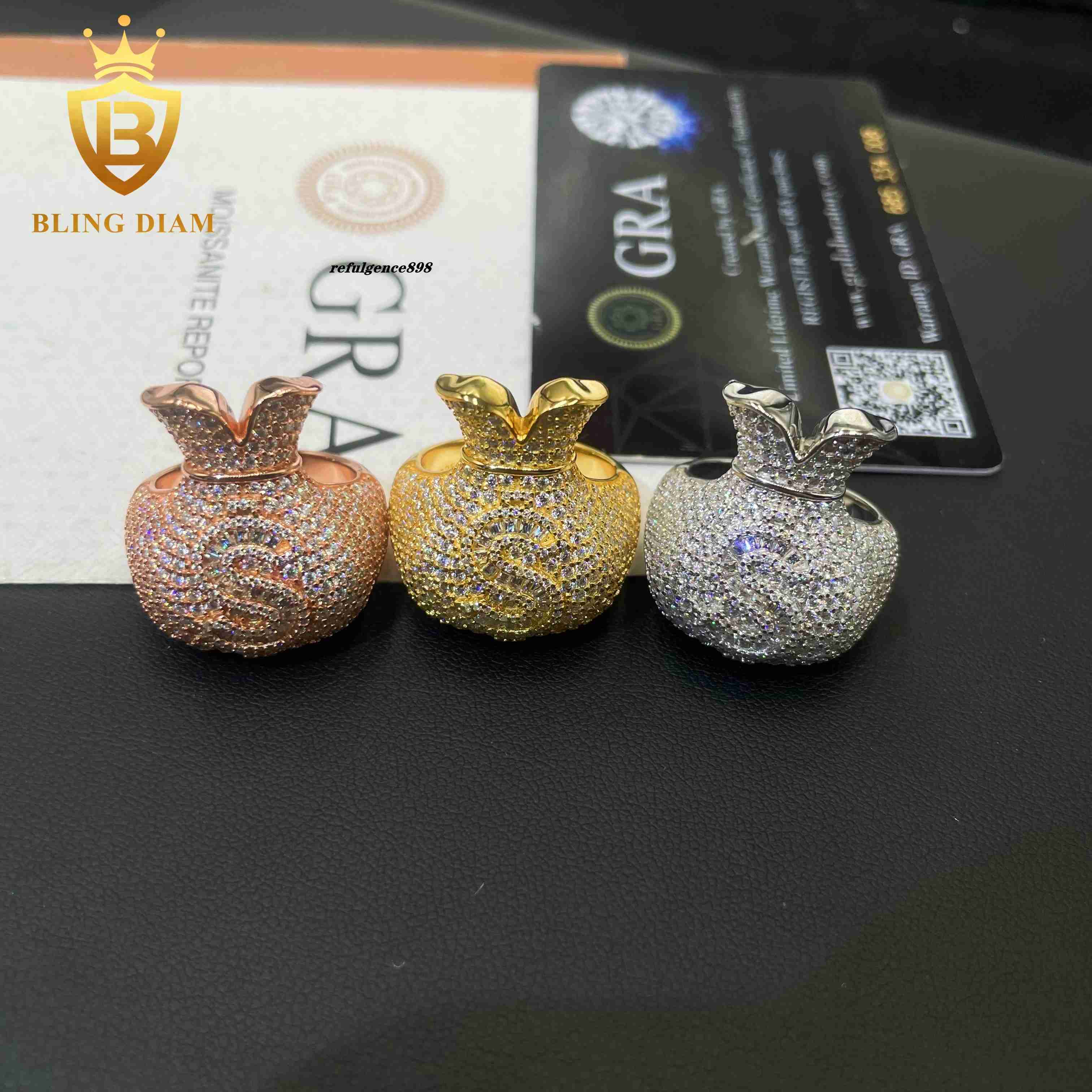 New Style Fine Custom Jewelry 925 Sterling Silver Rings Vvs Moissanite Iced Out Diamond Hip Hop Money Bag Ring