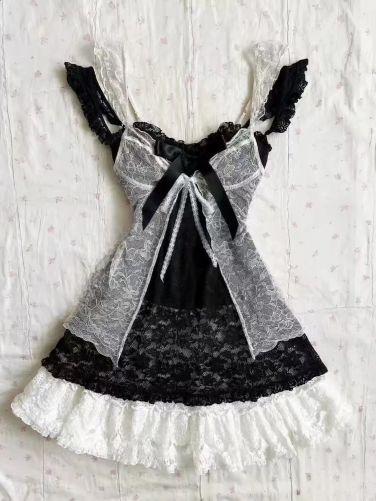 Aesthetic Vintage Lace Slim Dress Women Gothic Sexy Y2k Lace Up Cardigan Women High Street Girl Off Shoulder Sling Dresses250823