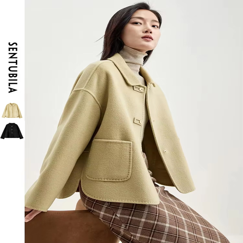 SENTUBILA 100% Wool Winter Coat Women Elegant Loose Double Sided Short Jacket Big Pocket Female Outerwear W34O49736 250822