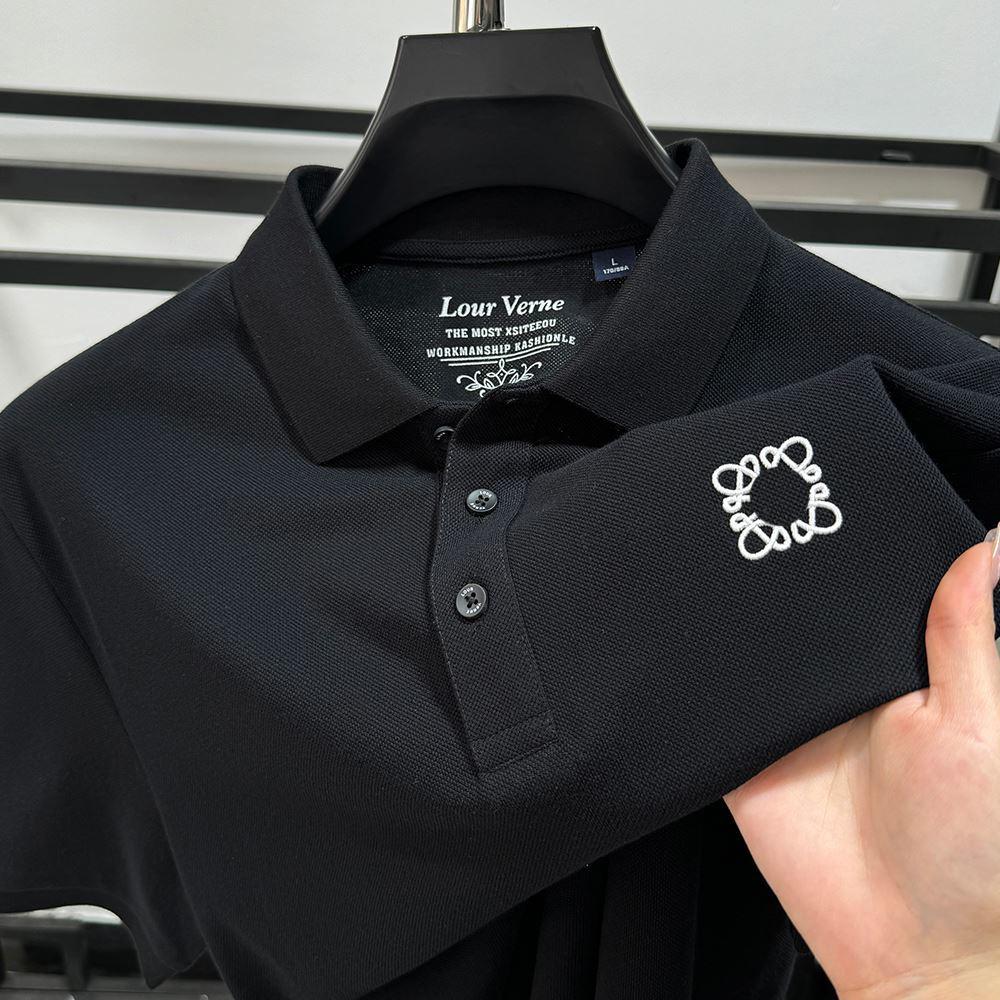 2025 new men's hem split Polo shirt short sleeve casual mercerized beaded cotton fabric simple embroidery T-shirt