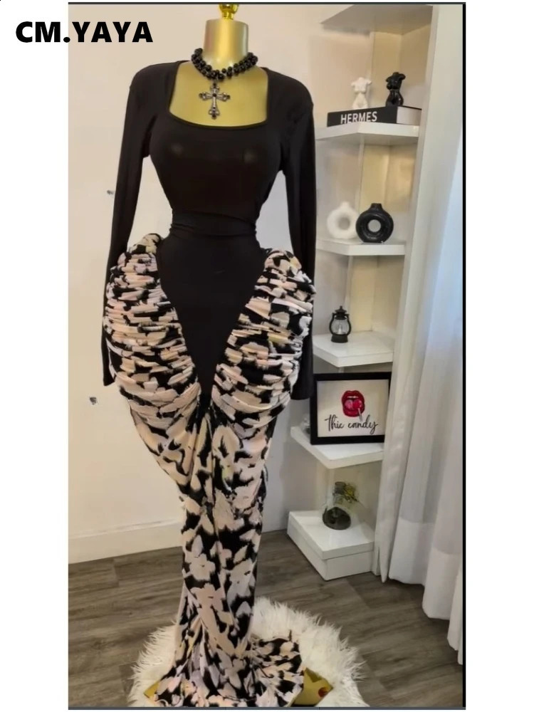 Cm.yaya femmes imprimé patchwork empilé empilé ruine à manches longues bodycon midi maxi longue robe anniversaire vacances robes de fête sexy 250