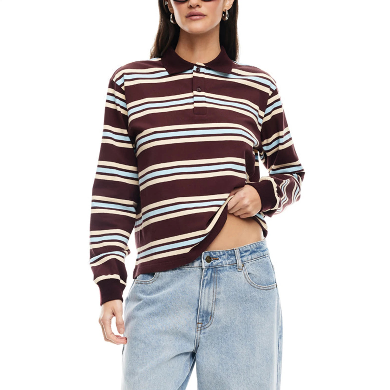 Combhasaki Women Y2K Vintage Striped T-Shirt Contrast Color Long Sleeve Lapel Neck Half Button-up Aesthetic Casual Pullover Tops250823