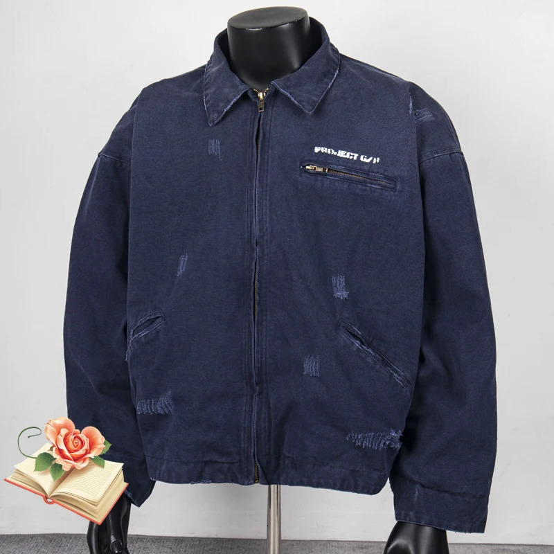Navy Blue Project GR Hand Cut Denim Zipper Jacket Washed Loose Coat Chest Hide Zip Pockets Men Women Casual Winter Clothes Tops 250818