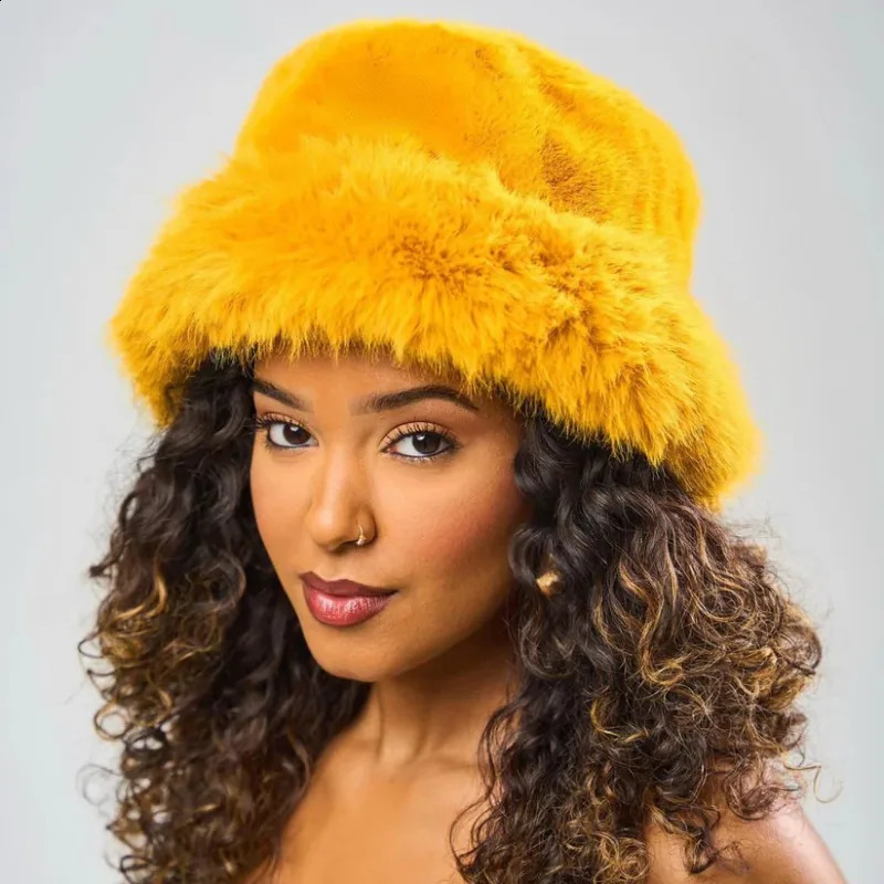 Fluffy Faux Fur Bucket Hats for Women Rabbit Fur Warm Thick Plush Winter Hat Lady Fashion Furry Panama Fisherman Caps 250821