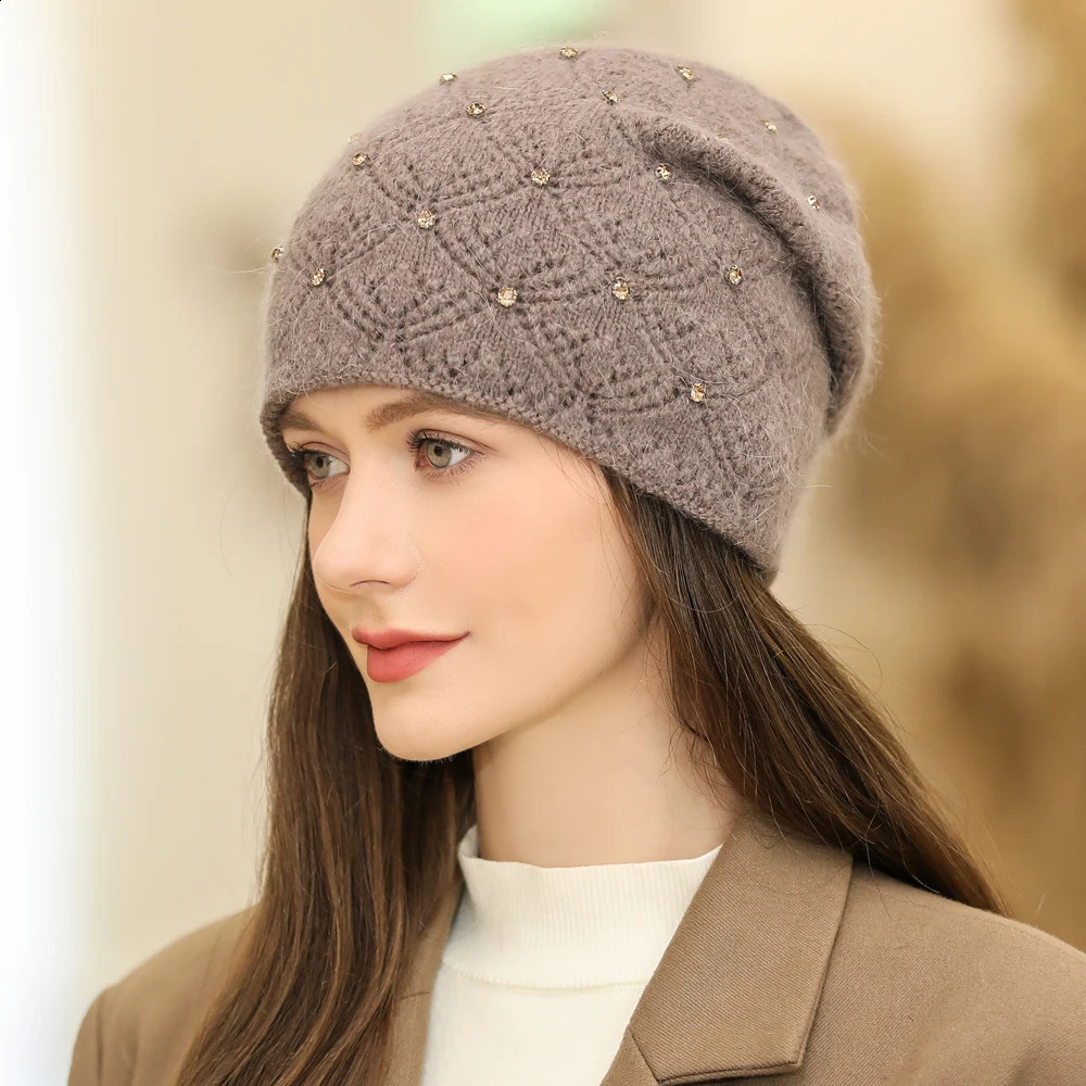 Women Winter Hat Streetwear Rabbit Fur Blend Warm Cap Fashion Decorate Beanie Hat For Female Casual Knitted Hat 250814
