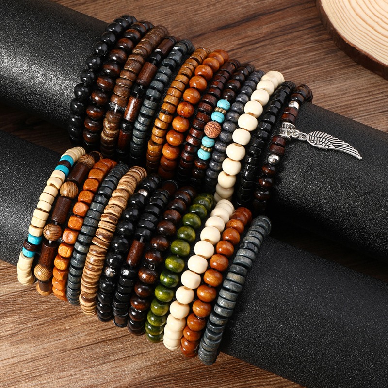 Bracelet de perle à main en bois 25 pièces Set Diy Elastic Rope's and Women's Wooden Perles Bracelets