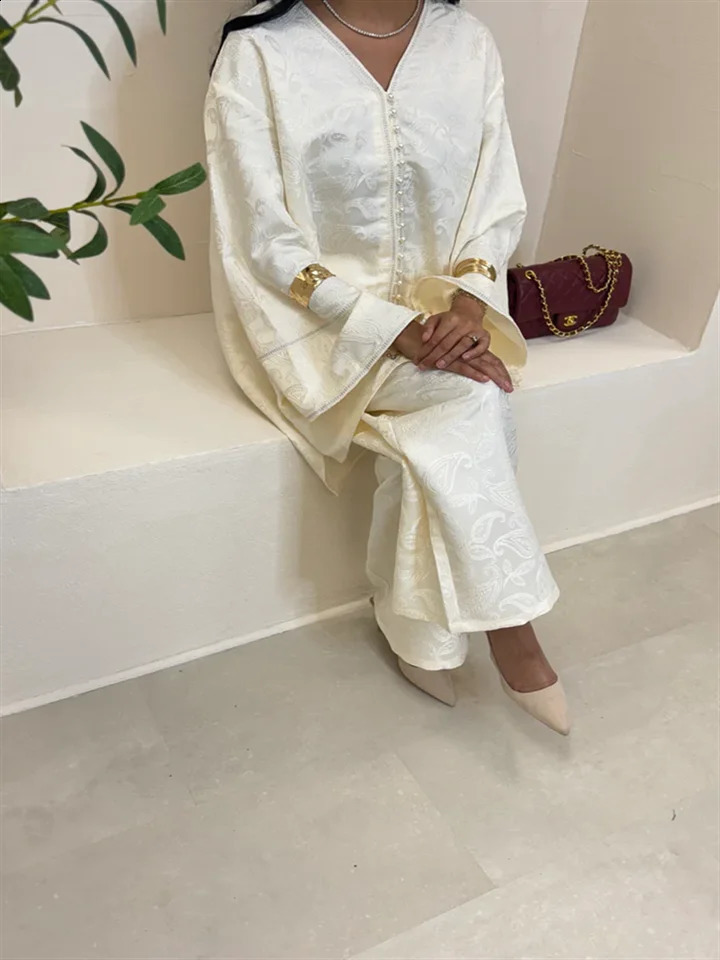 Elegant jacquard Womens Pants Sets Chic Oneck Single Breasted Long Sleeve Shirt Elastic Waist Straight Suit Lady Outfits 250823