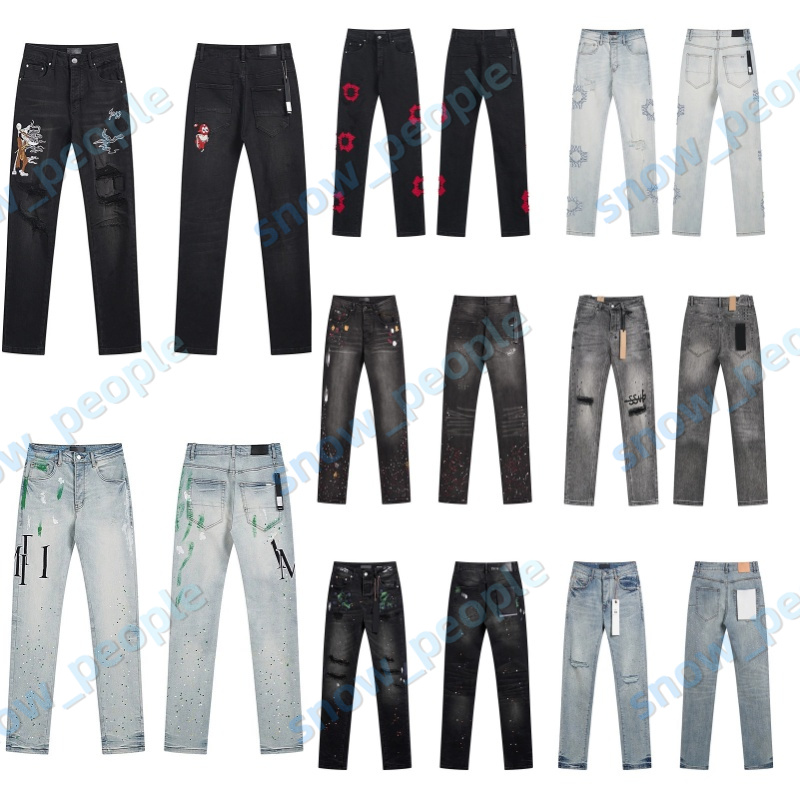Designers Mens Jeans Flared Jeans Hip Hop Spliced Straight Jeans Distressed Ripped Slim Fit Denim Trousers Mans Streetwear Washed Trousers