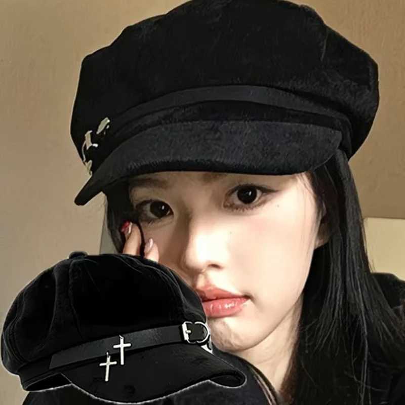 Gothic Cross Beret Hats for Women Summer Autumn Harajuku Subculture Metal Buckle Black Leather Decor Painter Cs Punk Rock Cs XJ250823