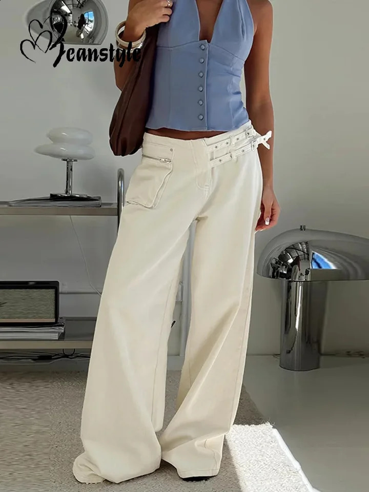 Street Belt Women Jeans Mid Waist Wide Leg Pockets Loose Female Denim Pants Spring Summer Fashion Allmatch Lady Pant 250823