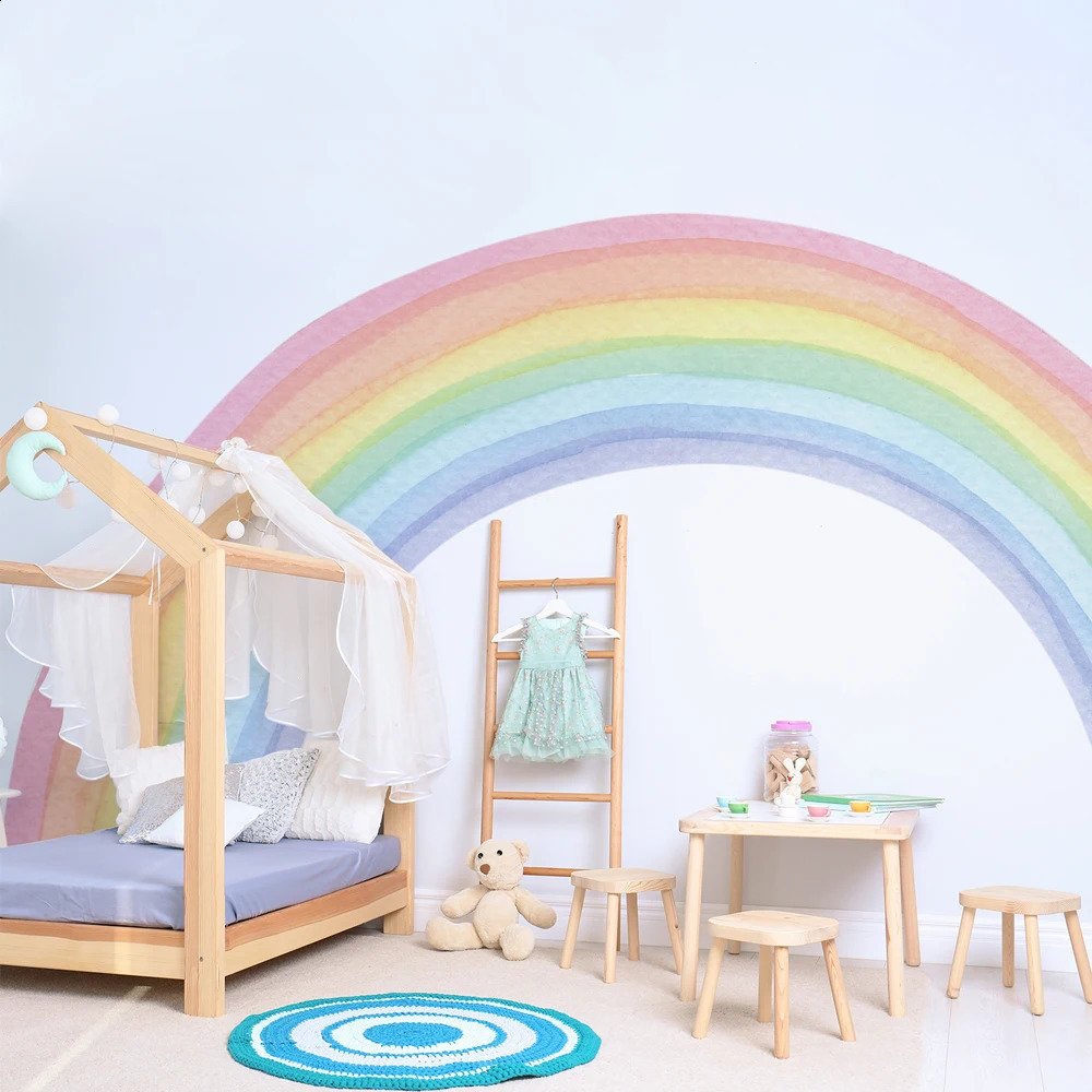 Grand arc-en-ciel pastel mural autocollants muraux pépinières pour enfants décalages muraux de chambre de bébé décorations de salle de jeux bébé