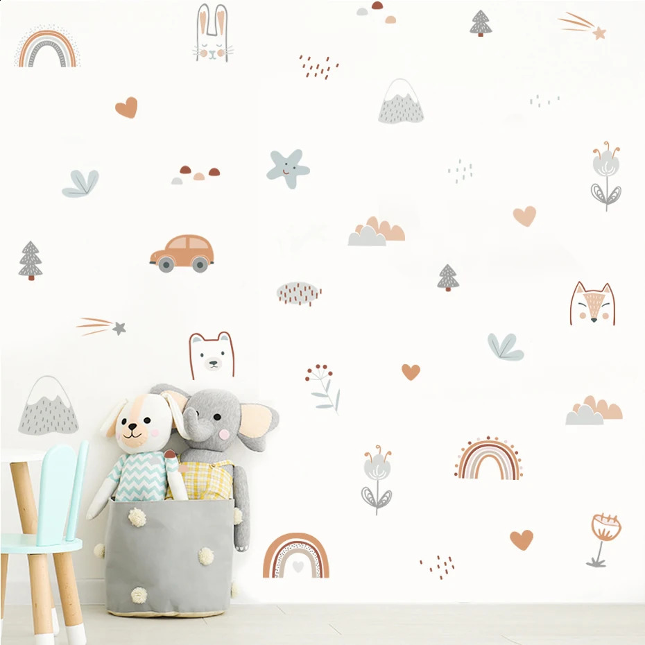 Dessin animé Animaux arc-en-ciel faces étoiles aquarelle autocollant en vinyle amovible de bricolage décalcomanies pour enfants salon intérieur d