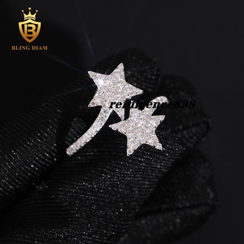 Luxury Women Ring VVS Moissanite Diamond Rings 925 Sterling Silver Double Star Shape Jewelry Fashion Hip Hop Rings