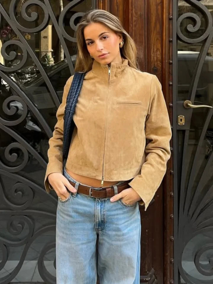 Suede Leather Short Jacket Coat Zipper Stand Collar Vintage Casual Motorcycle Jackets Baggy Front Shoulder Women Outwear Top 250815