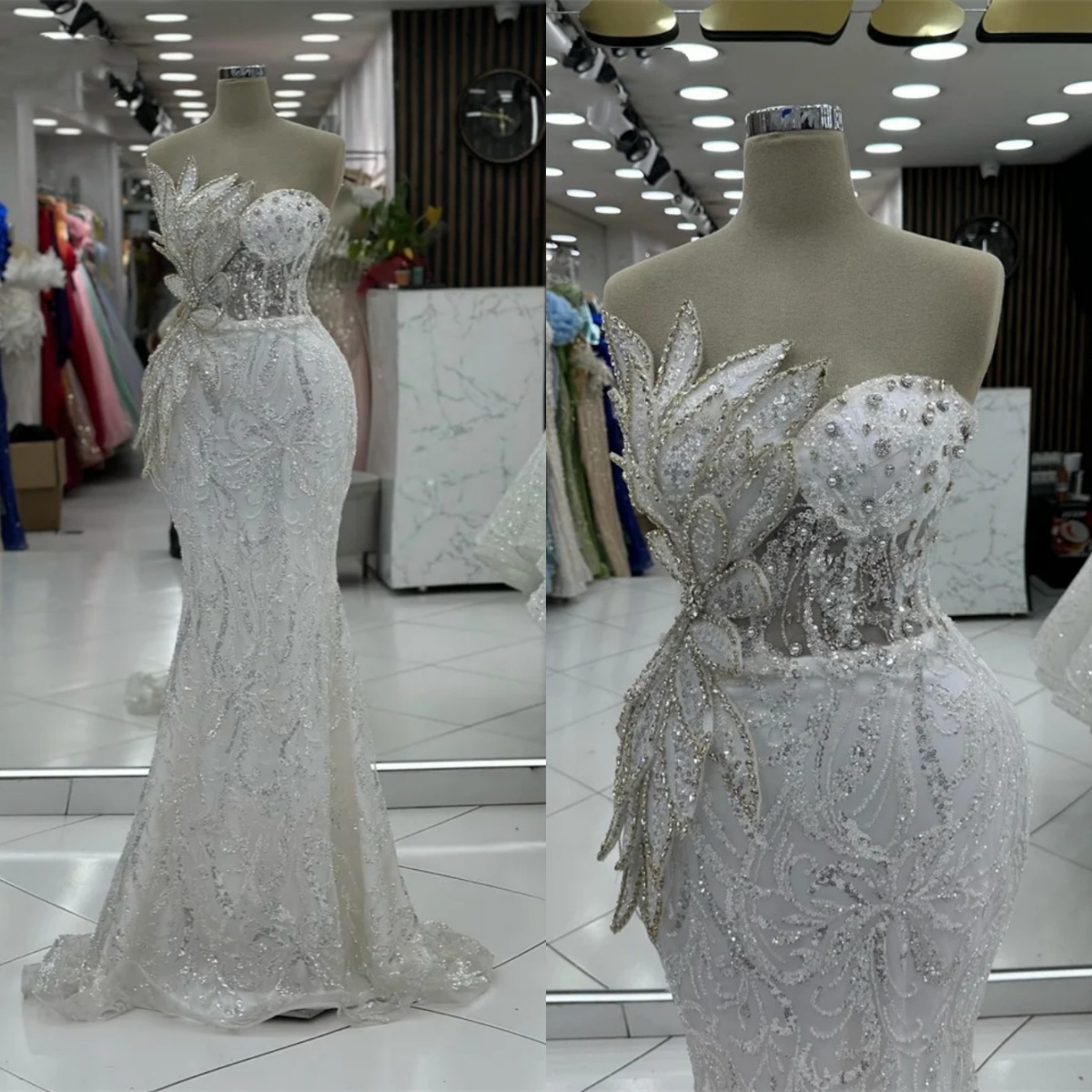 Elegant Mermaid Wedding Dresses Strapless Beading Sequins Bride Dress Luxurious Crystal Floor Length Bridal Dress Customized