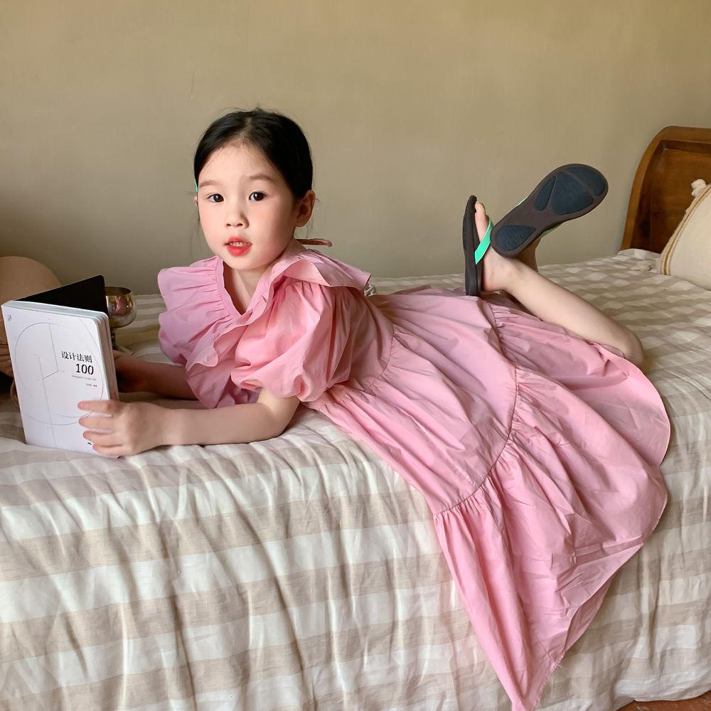 D239 Princess Dress Summer Style Solid Color Pink Children&#039;s Casual Girls Sweetheart Neck V Neck Loose-image-1072333716