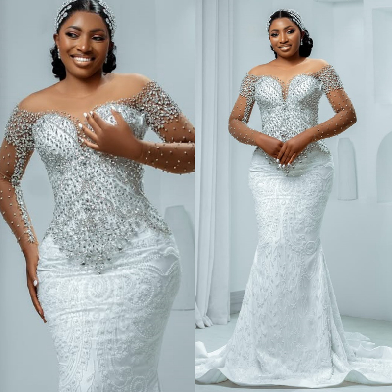 Plus Size Aso Ebi Wedding Dress Bridal Gown For Bride Mermaid Wedding Gowns Sheer Neck Beaded Lace Long Sleeves Tiers Beaded Lace Rhinestones Bridal