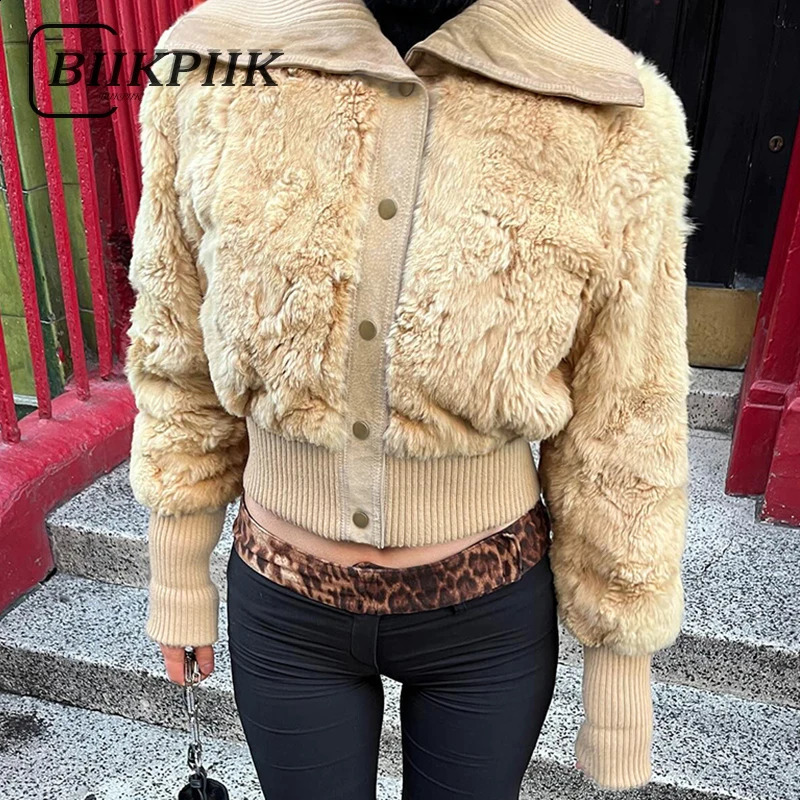 Biikpiik Turndown Collar Matel Furt Mouette boutonnée d'hiver automne pour femmes streetwear chaude veste courte mode.
