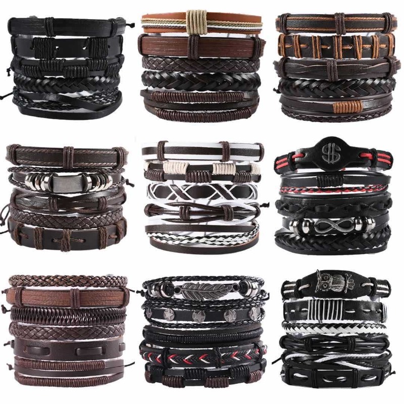 5 Bracelets en cuir noir pour hommes Ensemble pour hommes bracelet tressé empilable bracelet tribal punk rock bracelet fait à la main