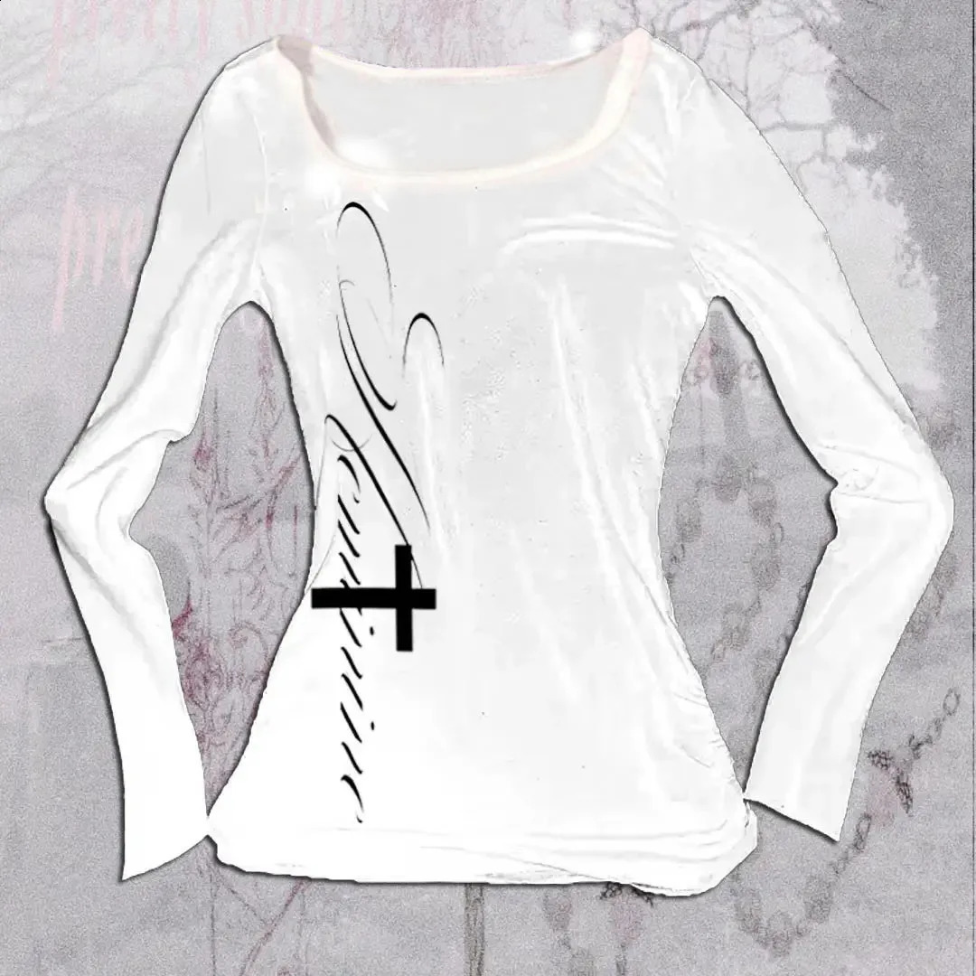 Vintage T-shirt Graphic Print O Neck Long Sleeve Tee Womens Slim Fit Crop Tops Girl Emo Streetwear 2000s Y2K Grunge tops250823