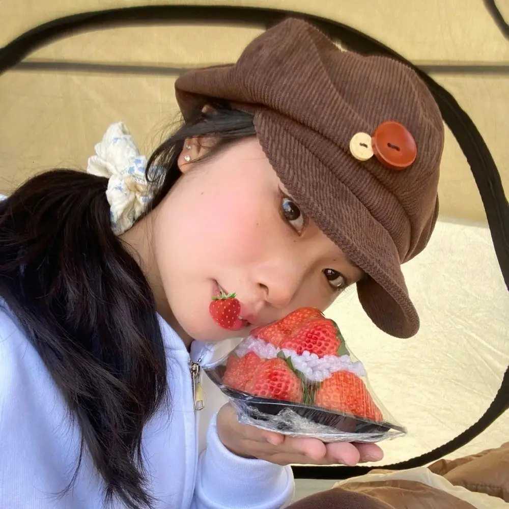 Women Vintage Newsboy C Beret Brown Painter Winter Hats Corduroy Octagonal Cs Female Double Button Decoration Octagonal C XJ250823