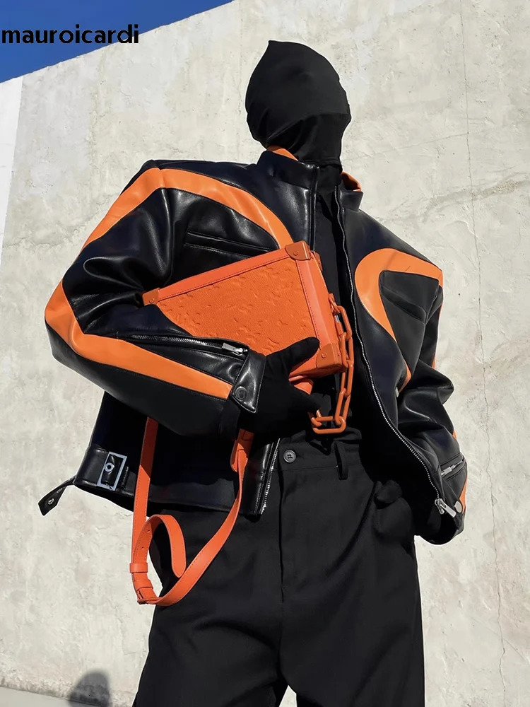 Mauroicardi Spring Autumn Cool Loose Orange and Black Color Block Faux Leather Jacket Men er Zip Up Clothes 250818