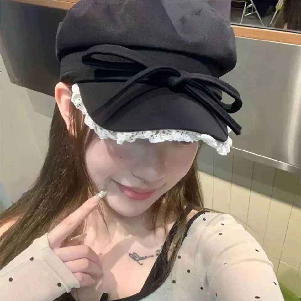 Bow Lace Edge Beret Show Small Facial Features Sun Protection Octagonal Hat High-Quality Korean Style Newsboy Hat Versatile XJ250823