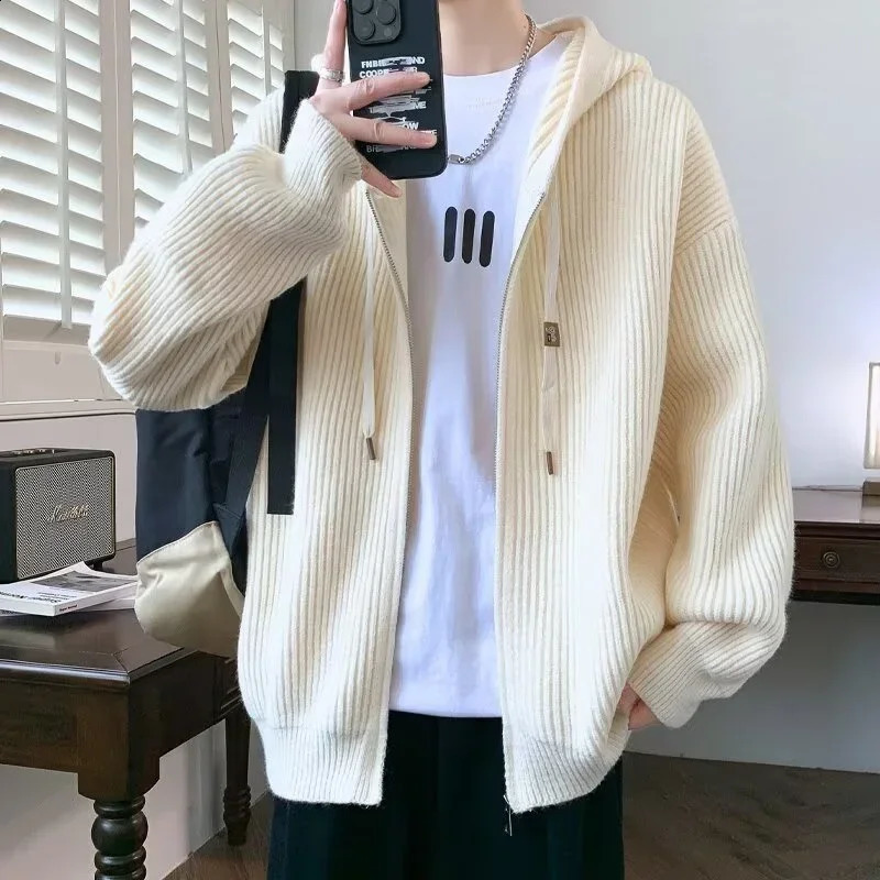 Autumn Mens Zipper Knitted Hooded Sweater Korean Fashion Vintage Cardigan Knitwear Y2K Streetwear Casual Jackets jersey hombre 250813