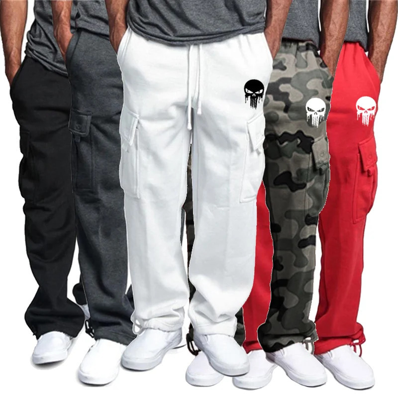 casual mens fitness drawstring elastic waist solid color workwear pocket pants sweatpants fashion sports pants 250818