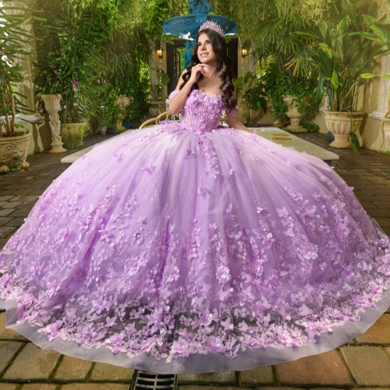Light Lilac Shiny Princess Off the Shoulder Sweet 16 Dress Quinceanera Dresses Applique Beads Bow Tull Party Birthday Vestidos 15 De Anos