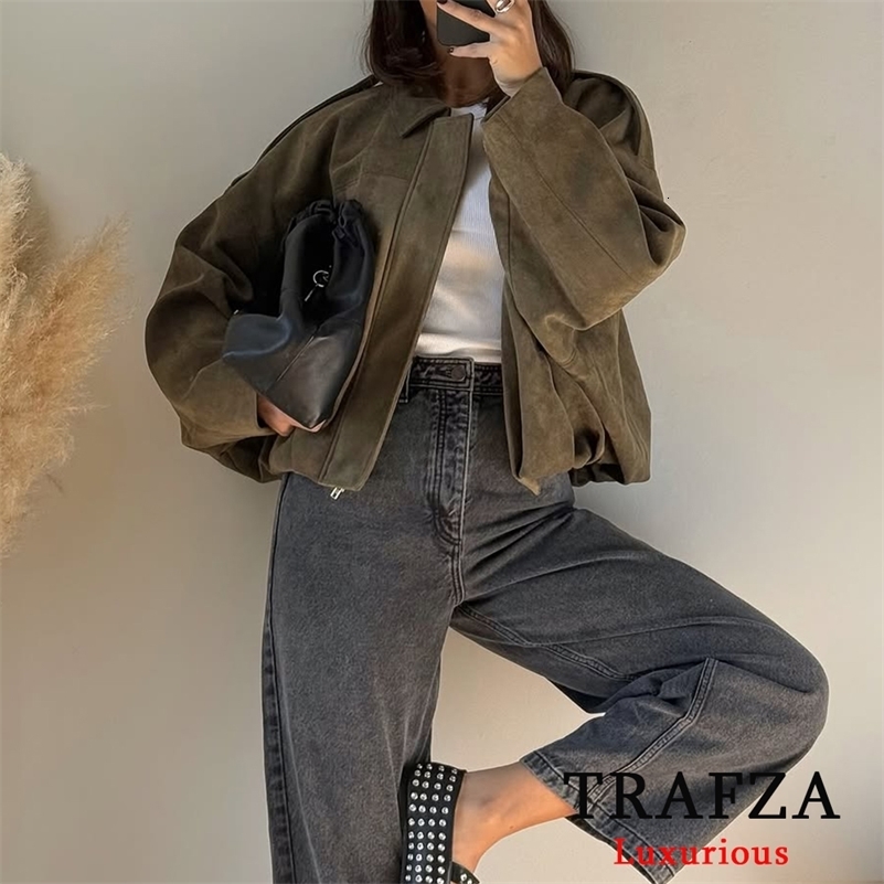 TRAFZA Casual Soft Bomber Jackets Women Long Lantern Sleeve Oversized Autumn Winter Coats Fashion 2025 Streetwear Zipper Outwear250822ww