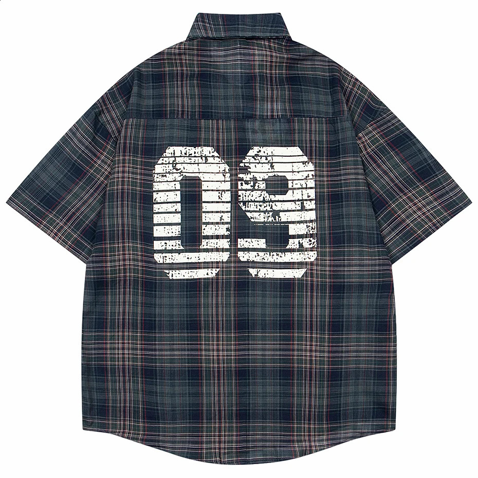 Vintage Shirts Necktie Unisex Varsity Shirts Vintage Plaid Short Sleeve Button Up Blouse Japan Style Oversized Shirts 250823