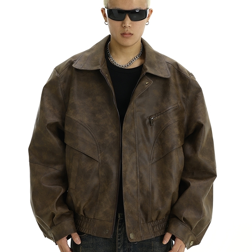 Mauroicardi printemps cool beau rétro en détresse brun pu cuir veste en cuir hommes zipper ercille vintage américaine 2550822