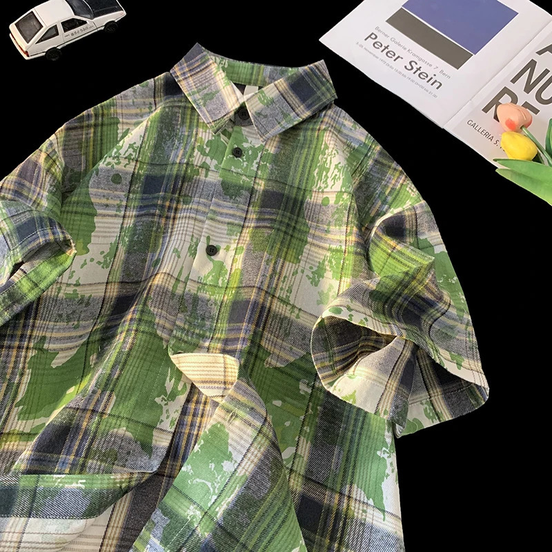 Retro Tie-dye Plaid Shirt Male Summer Street Short-sleeved Shirt Fashion Couple Jacket Lapel Shirt Blouse Tops 250823