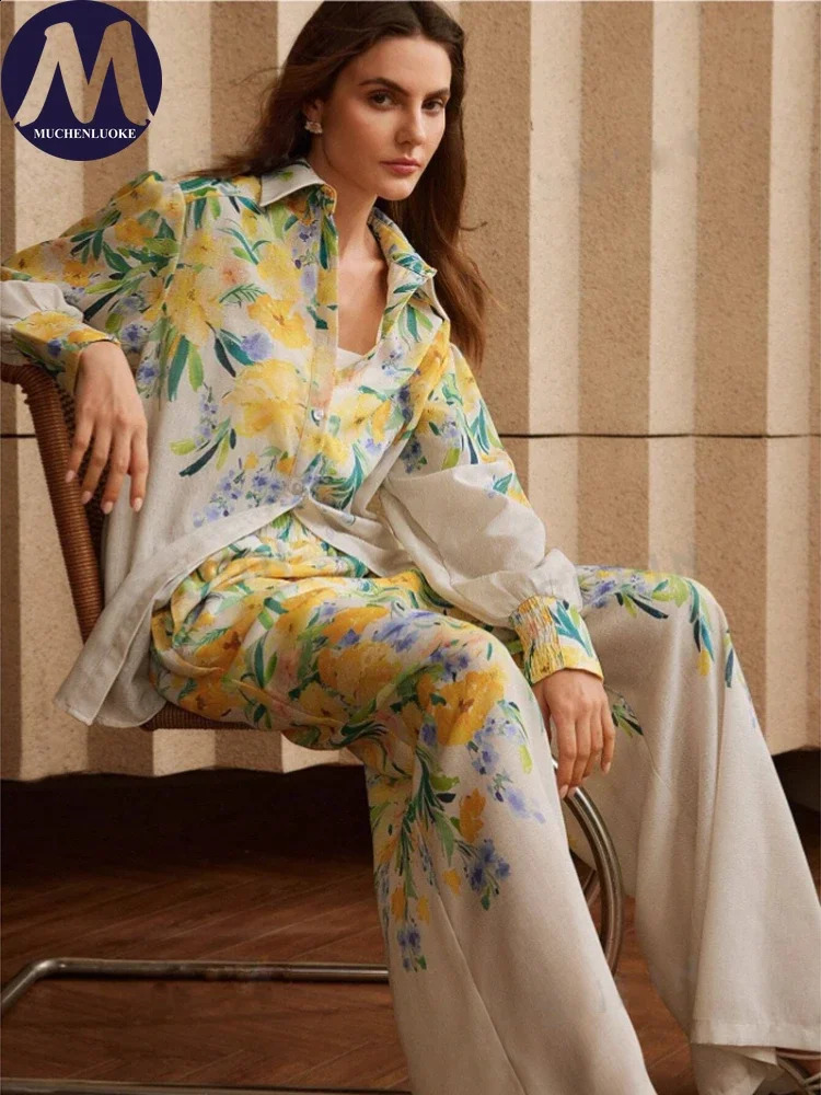 2 Piece Sets Woman Outfit Summer Elegant Printed Long Sleeves Shirt Tops Suits Fashionable Casual Loose Beach Vacation Pant 250823