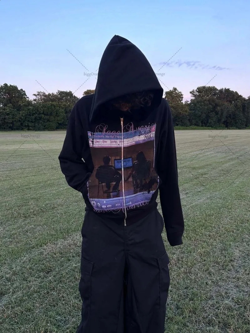 Gothic Harajuku Retro Zipper Hoodie Men Hip-hop Punk Oversized Sweatshir Trendy High Street Casual Loose Streetwear 250818