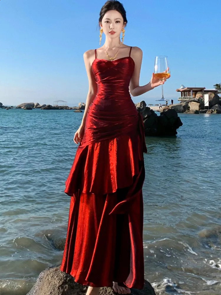 Elegant Ruffle Womens Robes sexy spaghetti sangle du soir de fête d'anniversaire de fête de mariage vestidos longs robe robe femme vestime 255082