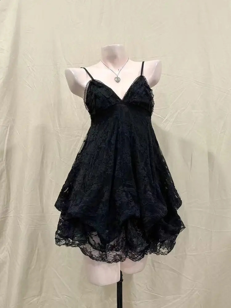 2000s Gothic Vintage Mini Dress Women Sleeveless Strap Party Dress Evening Lace Retro Cltohing Japanese Y2k Black Chic Lolita250823
