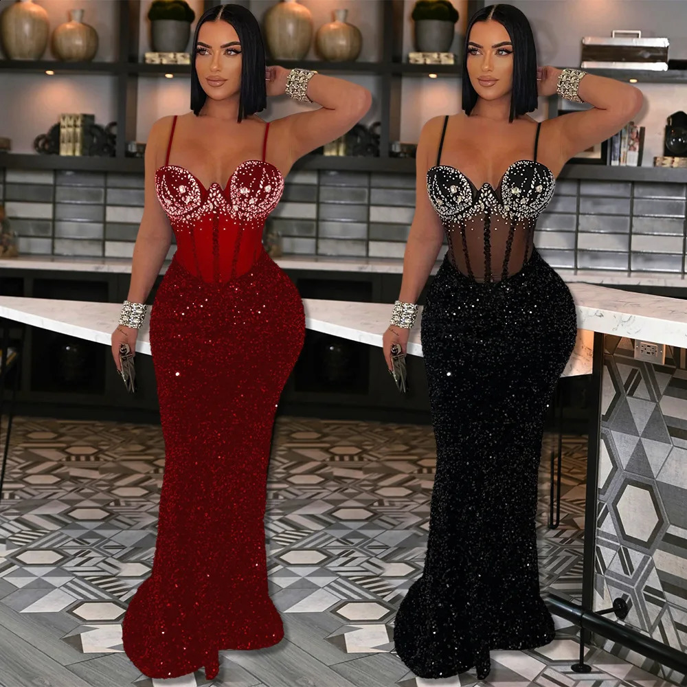 Long Dress Women Sexy Party Dresses Sling Bodycon Vestidos Streetwear Club Sequin Drilling Elegant High Waist Y2k Evening 250823