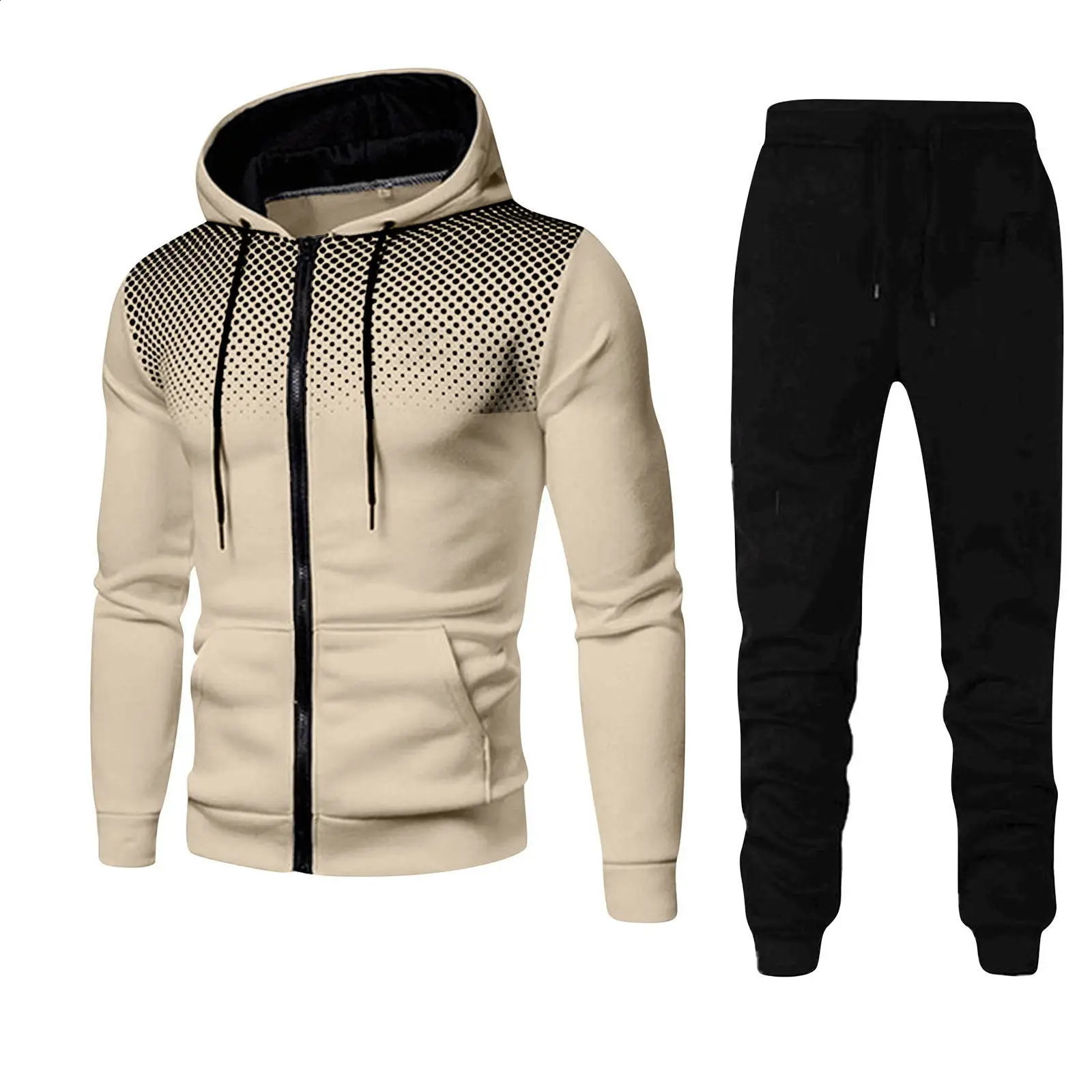 Autumn and winter European and American solid color wool sports - mens casual zipper sports hooded set sportswear 250823