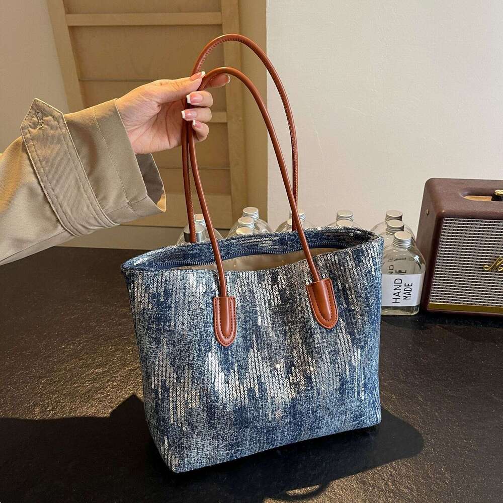 Denim Sequin Large Capacity for Women 2025 Early Spring New Single Shoulder Niche Design Commuter Versatile Tote Bag