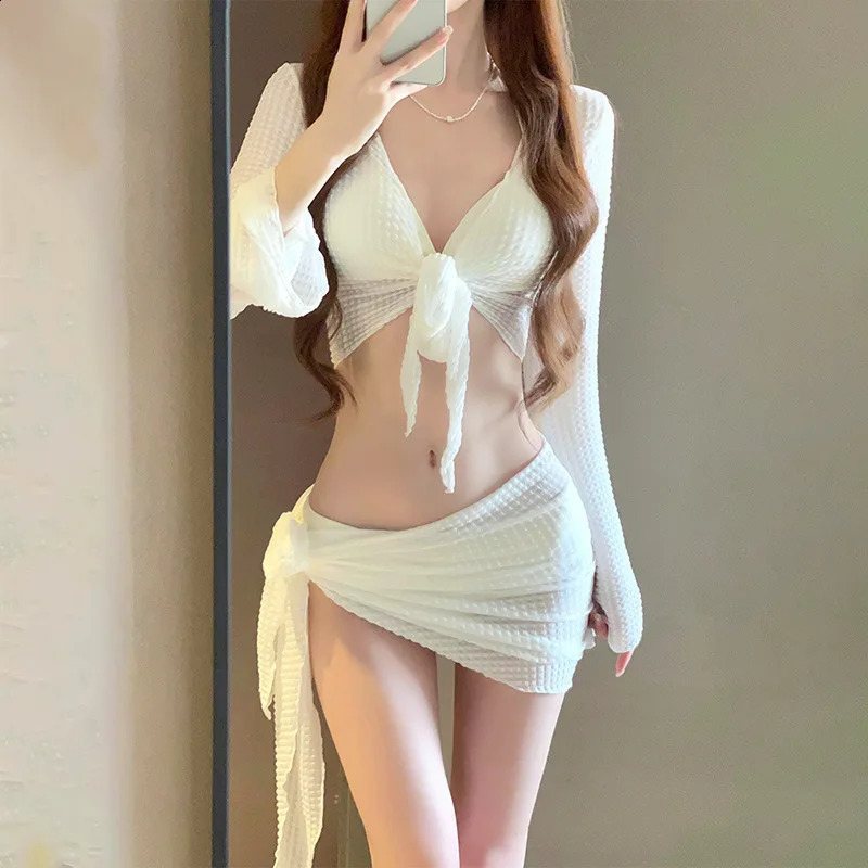 Bikini en tricot à manches longues pour femmes Ensemble de maillot de bain pur pursup sexy avec dissimulation de couvre-sport élégant pour les va