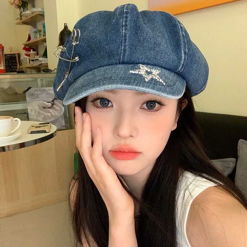 Spring and Summer Y2K Big Head Flash Diamond Star Pin Denim Beret Hat Womens Niche Trend Retro Octagonal Short Brim Newsboy Cap XJ250823