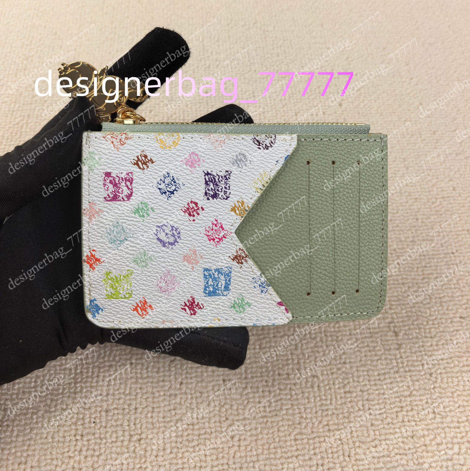 Takashi MURAKAMI White tri color Designer card holder, luxury brand wallet, men's and women's credit card holder, leather keychain wallet,