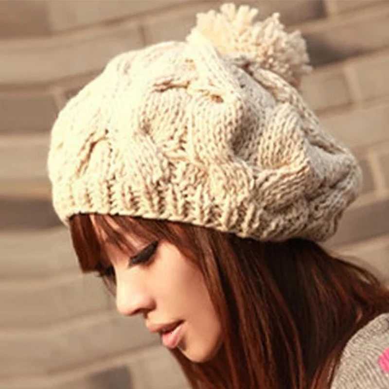 New La Girl Twisted Hemp Flower Beret Vintage Artist for Women Warm Pompom Knitted Beanie Hat Outdoor Simple Ski Winter C XJ250823
