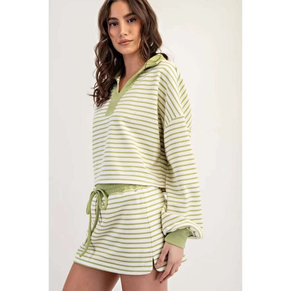 Bestseller 2025 Autumn Winter New Striped Ribbed V-Neck Color-Block Sweatshirt Set Ddmylion
