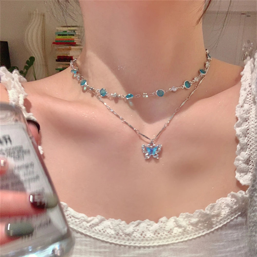 Romantic Blue Crystal Butterfly Necklace for Women Girls Bilayer Choker Clavicle Chain Fashion Delicate Zircon Sparkling Pendant 250811
