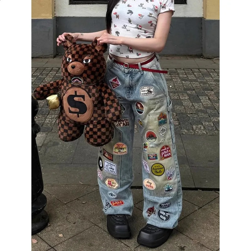 American Style Cartoon Print Retro Jeans for Womens Summer High Waisted Spicy Slim Fit Trend Pants 250818
