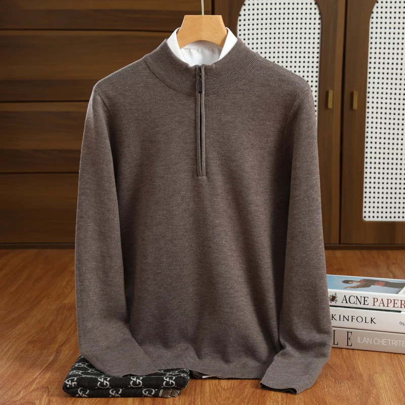 Mens Merino Wool Sweater Men Half-high Collar Pullover Loose Large Size Business Knitwear Casual Autumn Winter Half Zipper Tops250822