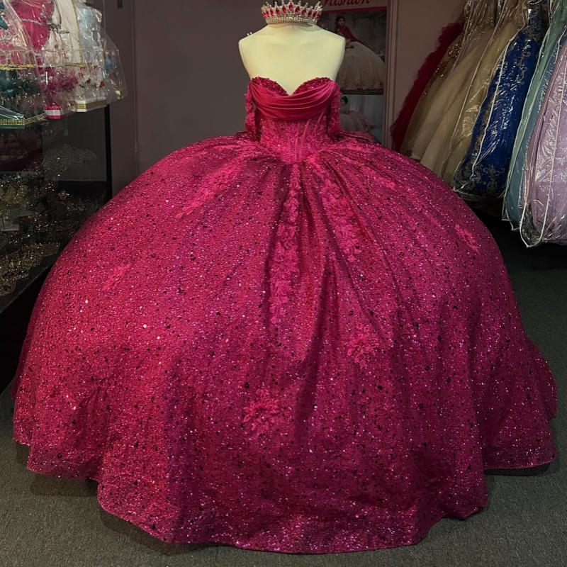 Rose rouge brillant princesse douce 16 robe quinceanera robes appliques perles cristal arc tull corset fête anniversaire vestidos 15 de anos